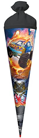 ROTH Schultüte groß Monstertruck Fire 70 cm mit Folie - rund Rot(h)-Spitze Filzverschluss - Zuckertüte Schulanfang