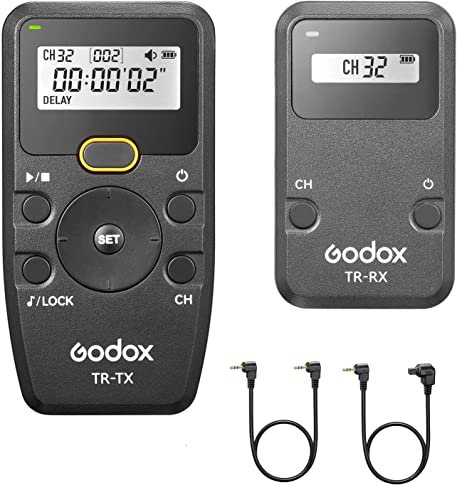 Godox Kabelloses Auslöser-Set der TR-Serie für Canon, Integrierte 2,4-G-Funk-Timer-Fernbedienung mit Kabeln, Unterstützt Zeitraffer, Belichtungstimer und mehrere Aufnahmemodi(TX+RX+C1+C3)