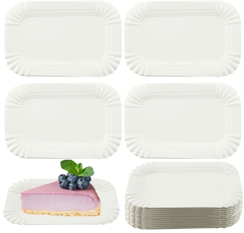HAKZEON 200Pcs White Paper Party Plates, 10.5x16cm Disposable Rectangle Paper Plates for Serving Wedding, Birthday Party, Picnic