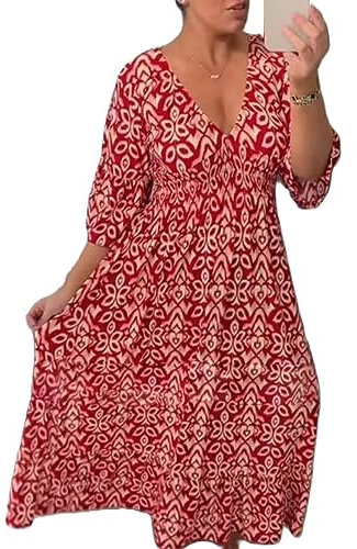 YILEEGOO Women's Summer Bohemian Midi Dress Floral Print Half Sleeve V Neck Elastic Waist Loose Beach Dress (Red, L)