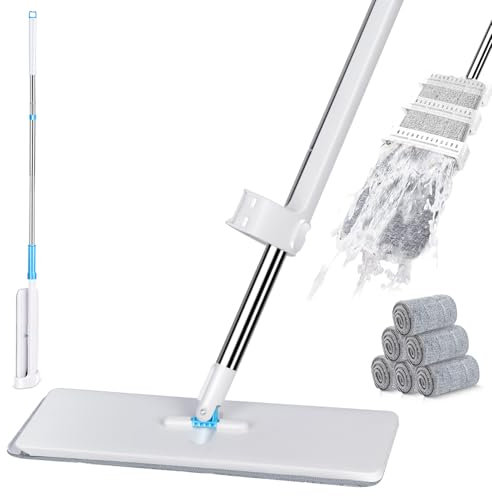 Midyb Flachmopp mit Auswringfunktion, Flach Bodenwischer mit 6 Mikrofaser Mop Pads & 132cm Edelstahlgriff, Wischmopp Wischer Boden für Hartholz, Laminat, Fliesen, Marmor