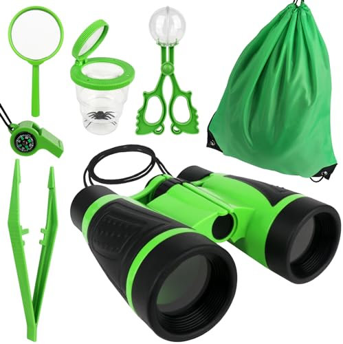 LUFEIS Forscherset Für Kinder, 7PCS Entdecker Set, Becherlupen, Fernglas, Insektenfänger, Kompass, Pfeife, Pinzette, Lupe, für Kinder ab 3 Jahren, Outdoor-Sport