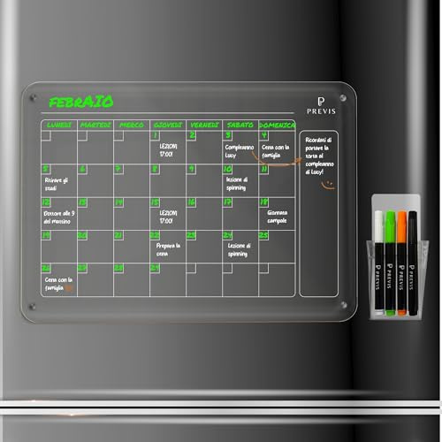 PREVIS A3 Magnetisk Kylskåpskalender (40 x 30 cm) Med 4 Extra Fina Spetspennor, Transparent Whiteboard, Månatlig, Akrylisk Skiffer - Planera Månaden