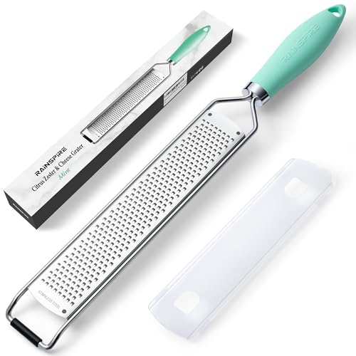 Rainspire Zester Grater with Handle, Lemon Zester Cheese Grater for Kitchen Stainless Steel, Parmesan Cheese Garlic Nutmeg Chocolate Fruits Vegetables Ginger Grater, Fine, Mint Green