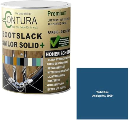 Contura Bootslack Farbig SEIDENMATT Yacht- Buntlack Metall Holz GFK Holzlack Boot Farblos (Yacht Blau - RAL 5009 Analog, 500ml.)