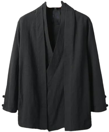 Chinese Style Men Linen Hanfu Cardigan Tops Tea Kung Fu Shirts Japanese Kimono Jackets Coats Robe Oriental Clothing Black M