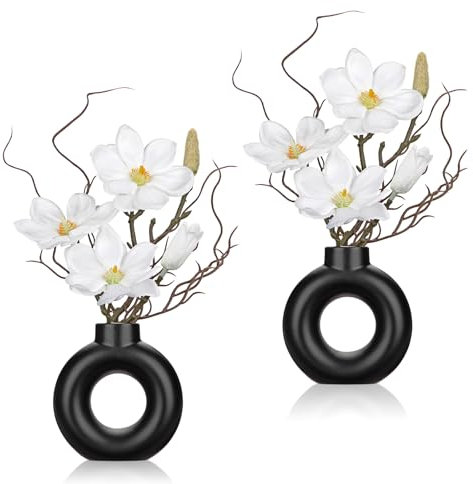 2er-Set Mini Kunstpflanze Orchideen Kunstpflanze Magnolie mit Keramik Donut Vase Künstliche Deko Blumen Kunstblumen Wie Echt Mit Real-Touch Blüten im Keramiktopf Tischdeko Fensterbank Deko, Weiß