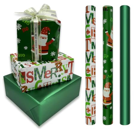 Rolle Weihnachtsgeschenkpapier – 3 Rollen 43 cm x 3 Meter, grünes Geschenkpapier mit Weihnachtsmann und Schneeflocke bedruckt für Weihnachten, Geburtstage, Hochzeiten, Partys, Festgeschenkpapier