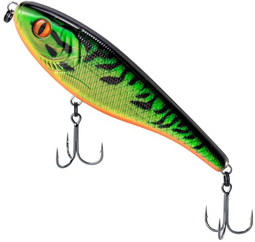 Dr.Fish Jerkbait Wobbler para lucio, 155 mm/76 g, cebo de pesca lento para lucio, trucha, wobbler, pintura resistente a los golpes, material resistente a mordeduras, bolas de ruido integradas (fuego