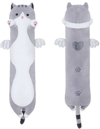 Yeqivo Peluche Cuscino Lungo Gatto Kawaii per Bambina - PLUSH Cuscino PELUCHE GATTO per Letto e Divano (110CM Grigio)