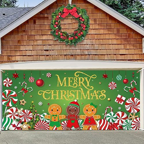 Preboun Décoration de porte de garage avec bonbons de Noël, bannière de porte de garage « Merry Christmas » - Menthe poivrée - Bonhomme en pain d'épices - Toile de fond de garage pour réveillon de