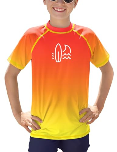 BesserBay Kinder Kurzarm Badeshirt mit UV-Shutz Orange Gelb Bademode UV Shirt Schwimmshirt Rashguard 140