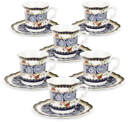 fanquare Blue Floral Espresso Cups and Saucers Set of 6, Mini Bone China Vintage Coffee Cups with Gold Trim Porcelain Afternoon Tea Set Gifts for Adults 80ml