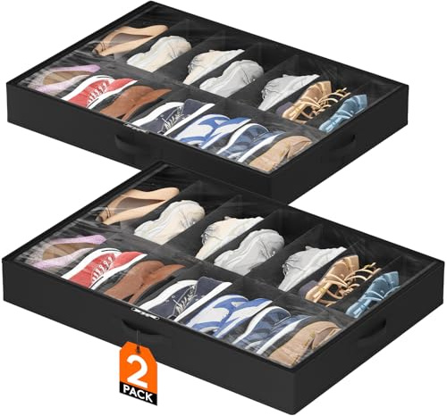 Lifewit Under Bed Shoe Storage Organizer 2 Pack(14 Shoes Cells), 4.3 Inches Profile Fabric Shoes Container Box with Clear Cover, Foldable Storage Bag with 2 Handles, Fits 14 to 28 Pairs