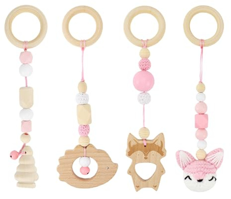 BINYI Arche Portique Deveil Eveil Bebe Bois 4 Pièces Arche de Jeux Bébé Jouet a Suspendre Bebe Arches de Jeu pour Jouet Poussette Nouveau Né en Bois pour Siège de Bébé Landau (Rose)