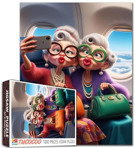 Old Woman Jigsaw Puzzles 1000 Pieces Sisters Ladies Grandma Art Jigsaw Puzzles for Challenging Family Games Funny Travel DIY Handwork Puzzle Seniors for Home Wall Decor Gifts 19.7x27.6