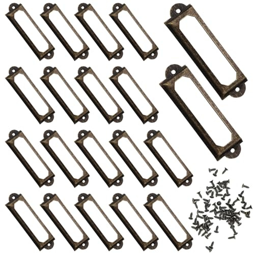 VBSYUYQ 20 Pack Antique Bronze Label Holders, 60x17mm Metal Drawer Name Card Holders with 40 Screws, Vintage Cabinet Tag Holders for Furniture, Wooden Boxes, Jewelry Boxes and Scrapbooks