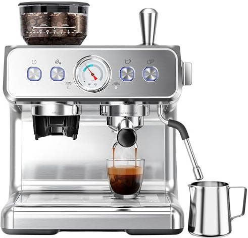 Kndko - Espressomaschine mit 20 Bars mit Mahlwerk, Kaffeevollautomat mit PID-Steuerung und Milchaufschäumer, abnehmbarem Wassertank - Lattes und Cappuccino im Barista-Stil