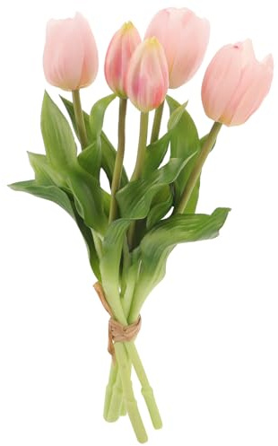 TOYANDONA Bouquet di Tulipani Artificiali Rosa Chiaro Mazzo da 30 CM 5 Rami e Foglie Fiori Finti Realistici per Decorazioni Casa Centrotavola Matrimonio e Accessori Fotografici