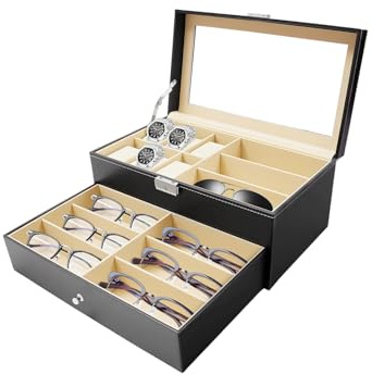 awolsrgiop Boîte de Rangement Montres et Lunettes, Double Couche Boîte à Bijoux pour Montres et Lunettes avec Couvercle en Verre, 6 Montres et 9 Lunettes Verrouillable à Clé, Noir