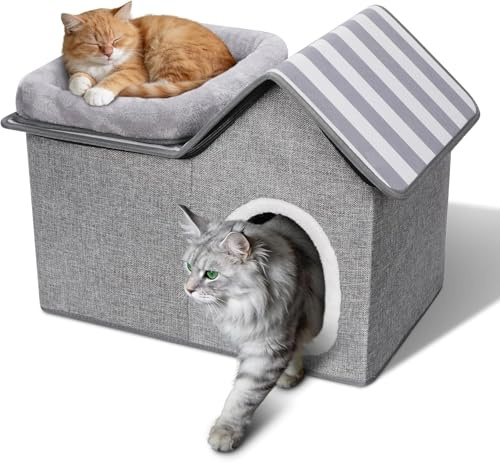 Masthome Niche pour Chat Intérieur Semi-Ouverte, Maison pour Chat 2 Étages sans Assemblage, Lit Pliable avec Coussin Amovible en Lin Respirant, Confortable pour Chatons et Petits Chiens