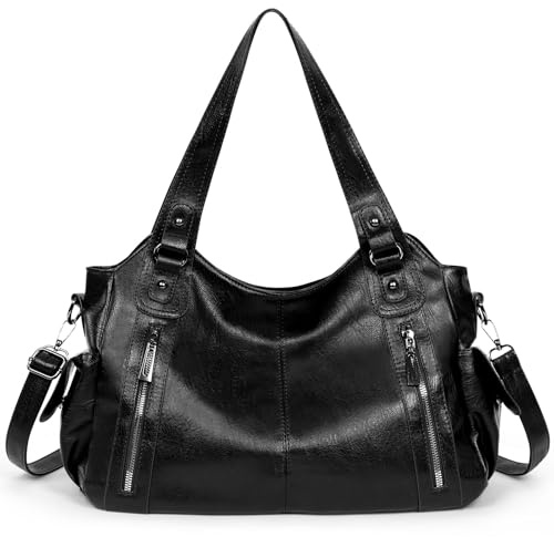 APXEL Sac a Main Femme en Cuir PU, Sac à bandoulière Ajustable, Grande Capacité Fourre Tout Femme avec Multipoches pour Voyage, Shopping, Cours Lycee, Travail et Quotidien, Noir