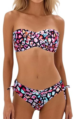 Maillots de Bain Bandeau Femme 2 Pièces Été Sexy Push Up Florale Maillots de Bain Bandoulière Amovible Bikinis Elégant Amincissante Bikini
