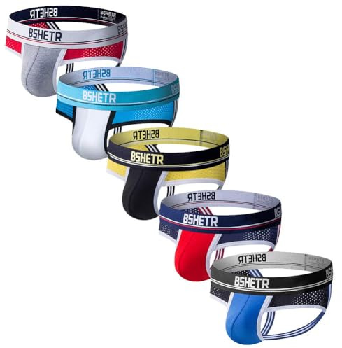 BSHETR Ropa Interior para Hombre Tanga Jockstrap Soporte Atlético con Suspensorio, 5-Paquete de algodón con Tiro Bajo Cintura Elástica Multi-Paquete Calzoncillo de Rendimiento (R195, XL)