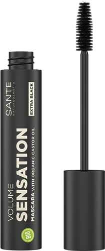 SANTE Naturkosmetik Volume Sensation Mascara 01 Extra Black, Schwarze Wimperntusche für sensationelles Wimpernvolumen, Natural Make-Up, Mit Bio-Rizinus & Bio-Mandelöl, Vegan, 12ml