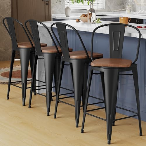 Alunaune 26 Swivel Metal Bar Stools Set of 4 High Back Counter Height Barstools Industrial Dining Bar Chairs with Large Wooden Seat-Matte Black