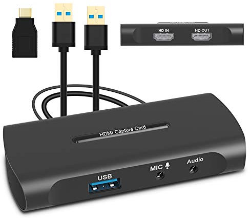 HDMI Capture Card, HD Game Capture HDMI to USB Video Capture Device for Live Streaming Game Recording Screen Sharing, 60fps Video Grabber with Microphone In and Audio Out for Nintendo Switch / Xbox