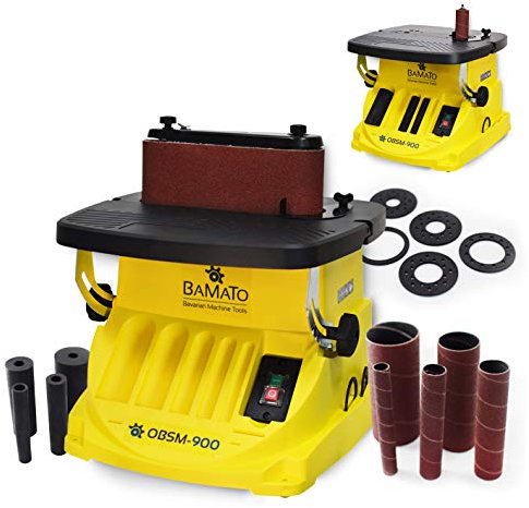 BAMATO oszillierende Spindelschleifmaschine OBSM-900 | inkl. Zubehör-Set | 2 in 1: Spindel- und Bandschleifer | 450 W Leistung | 45° verstellbarer Auflagetisch | Spindelschleifer Bandschleifer