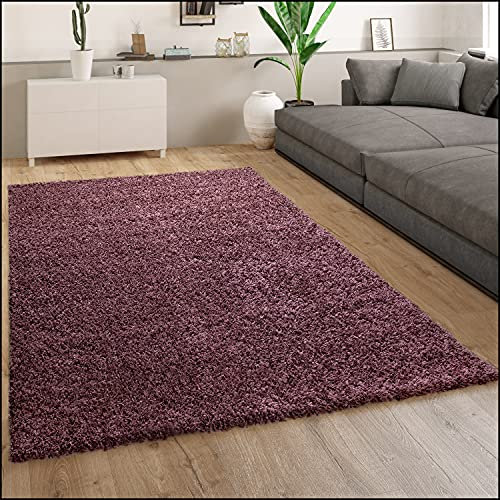 Paco Home Hochflor Teppich Wohnzimmer Shaggy Langflor Modern Einfarbig Lila Violett, Grösse:70x140 cm