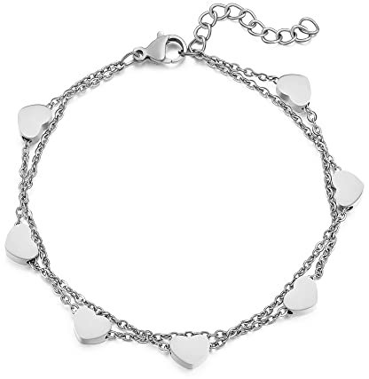 AFSTALR Silber Herzen Doppelt Armkette Armband Damen Layered Armband für Frauen Herz Armbänder mit Herz Anhängern Einstellbar Armkette Edelstahl Bracelet für Frau