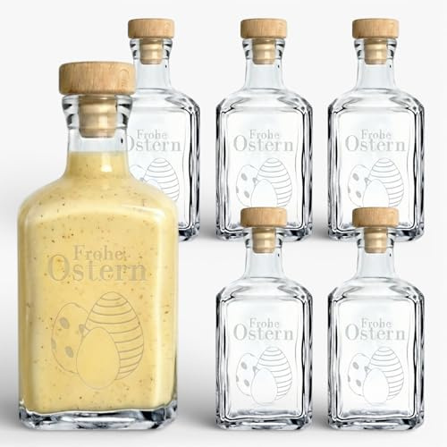 gouveo 6er Set Glasflasche 250 ml (0,25 l) Glasflasche 250 ml Cube mit Gravur gerillter Holzgriffkorken (Griff Holz, Stopfen Kunststoff) eckig für Likör Sirup Öl Essig Osterdeko (TYP3)