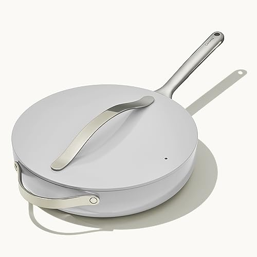 Caraway Ceramic Sauté Pan with Lid – Durable, Non-Toxic Ceramic Coated Interior – Stainless Steel Handles – Induction, Gas, & Electric Stovetop Safe – Oven Safe – Gray