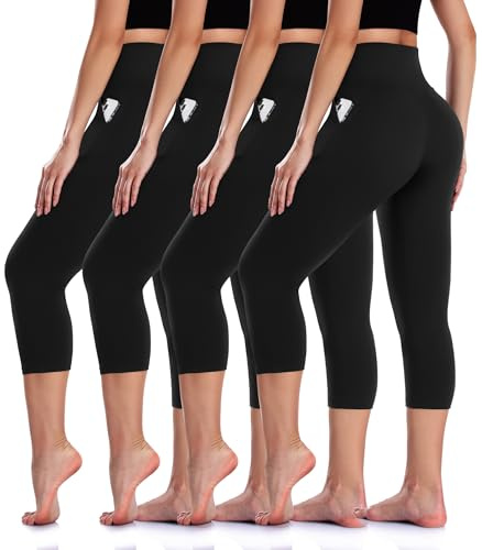 4 Pack Capri Leggings with Pockets for Women L-XL High Waist Tummy Control Butt Lift Soft Workout Slimming Black No See-Thru Yoga Pants Workout Running Athletic 3/4 Capris Black Summer Tights