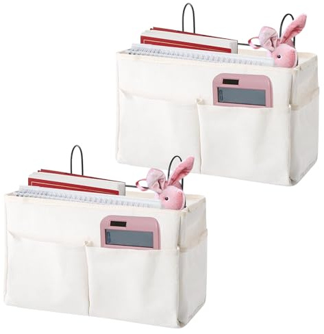 Forreen Tasche da Letto Appendibile, 2 Pezzi Portaoggetti da Appendere Impermeabile Multifunzionale Portaoggetti da Letto Appendibile per Riviste, Occhiali, Ipad e Telecomandi (Beige)