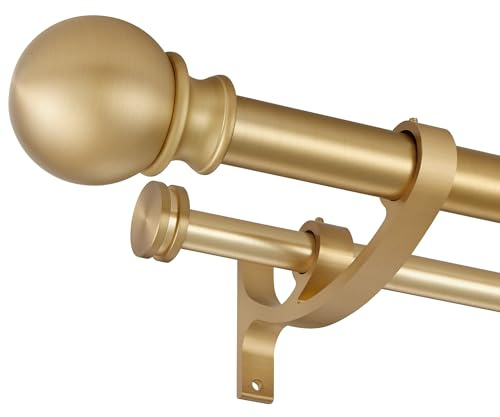 Lwiiom Barras de cortina dobles con soportes de ramo de aluminio y remates redondos, barras de cortina doradas cálidas para ventanas de 28 a 48 pulgadas, 1 pulgada delantera y 5/8 pulgadas trasera de