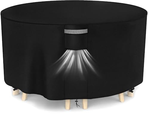 Dokon Housse Table de Jardin Ronde, Bâche de Protection Salon Exterieur | Oxford 420D, Revêtement PU Imperméable, Sangles & Cordon Anti-Vent, Aérations Cachées, Anti-UV, Ronde 163x90cm, Noir