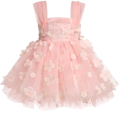 FYMNSI Vestito da Principessa per Battesimo, Feste, Matrimoni - Abito in Tulle Rosa a Fiori per Bambini, 2-3 Anni