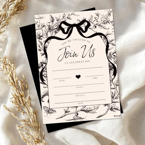 Whaline 25 Pack Black Bow Floral Invitations with Envelopes Stickers Vintage Bowknot Flower Invitation Cards Blank Invites for Coquette Celebration Party Supplies, 5 x 7 Inch