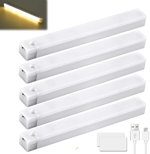 Lámpara de cocina LED de 20 cm, 5 unidades de iluminación para armario, inalámbrica con detector de movimiento, recargable por USB, lámpara de armario con 3 temperaturas de color, regulable, barra de