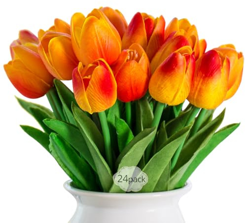 FODFULS 24Pcs Artificial Tulips,artificial flowers，Suitable for Wedding Bouquet，Home decor，Birthday Parties and Garden Decorations. (24, Orange)