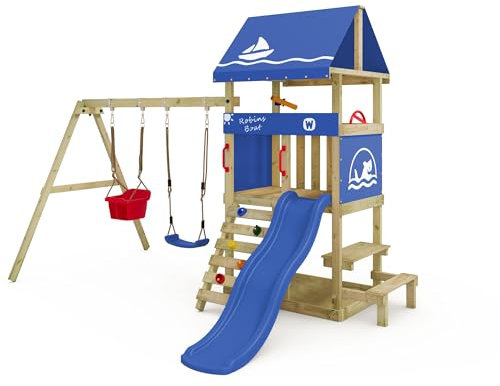 Wickey Spielturm DinkyHouse mit Picknicktisch - Blaue Rutsche & Plane - Kinder Kletterturm für den Garten aus Massivholz - 334x317x247 cm