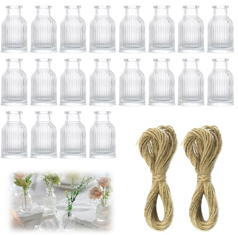 KBIBCK 20PCS Glass Bud Vases, Mini Bud Vases for Flowers, Small Glass FlowerVases with Jute Twine, SmallVases for Table Decoration, Wedding Decor, Recepetion, Home, Housewarming Gift (Clear)