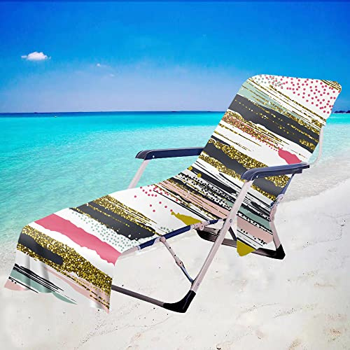 Surwin Beach Sun Lounger Towels with Pockets, Portable Beach Pool Chair Cover Chaise Lounge Towel Quick Dry Sunbed Towels for Summer Holiday Garden Travel -Stripe (Golden,75x210cm)