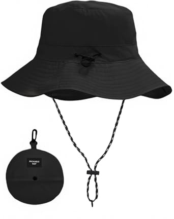 Waterproof Bucket Hat for Men and Women, Foldable Boonie Sun Hat with Wide Brim, UPF 50+ UV, Adjustable Chin Strap, Quick Dry Rain Hat for Fishing, Hiking, Camping, Travel and Outdoor Use (Black)