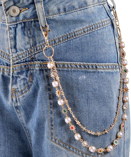 Mikovivi Double Layer Pants Chain, Gold Imitation Pearls Rhinestones Belt Chain with Lobster Clasp Fashionable Gifts Goth Punk Clothing Jewelry Accessories for Unisex Jeans Pants Wallets Pocket Bags