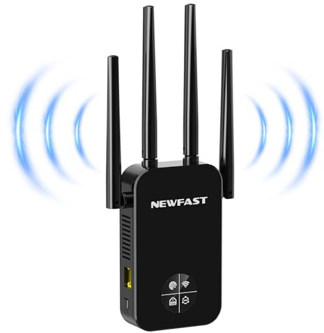 NEWFAST Repetidor WiFi Amplificador Señal WiFi, AC1200 Doble Banda 5GHz y 2,4GHz, Extensor de Wi-Fi con WPS Botón, Puerto Ethernet, 4 Antena, Pantalla Inteligente, para Casa/Oficina